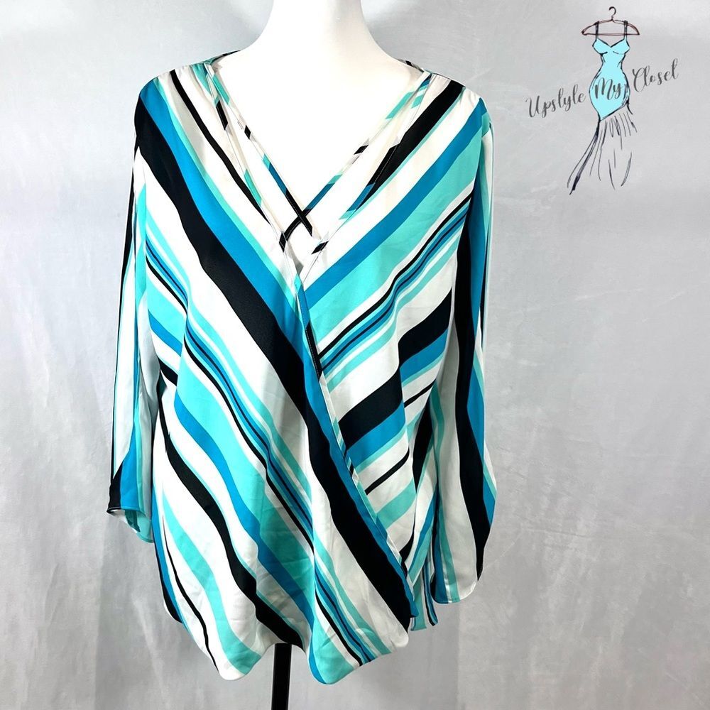Beautiful aqua & turquoise long split sleeve cross front faux wrap top size XXL